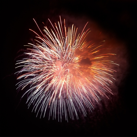 Red colorful fireworks on the black sky background  Holiday celebration の写真素材