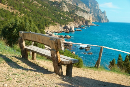 Wooden bench beautiful view on the sea  Green environment landscapeの写真素材