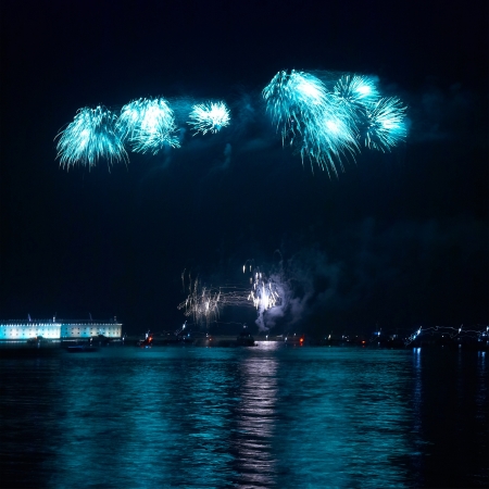 Colorful holiday fireworks on the black sky background.の写真素材