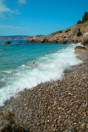 Beautiful sea landscape. Shore, beach and rocksの写真素材