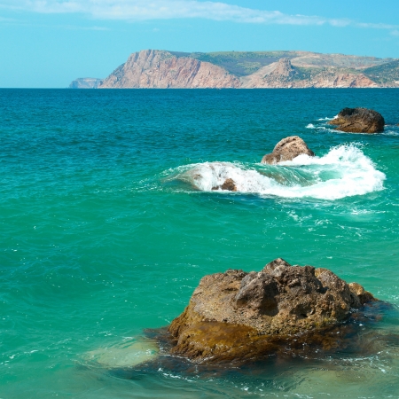 Beautiful sea landscape, shore and rocksの写真素材
