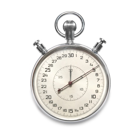 Silver metallic stopwatch isolated on white backgroundの写真素材