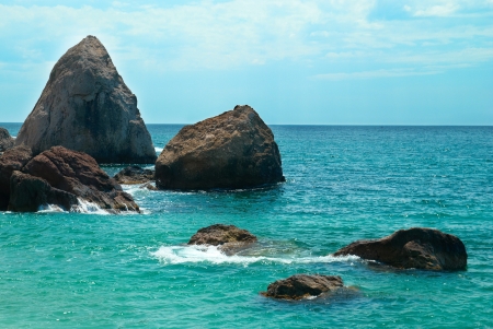 Beautiful sea landscape, shore and rocksの写真素材