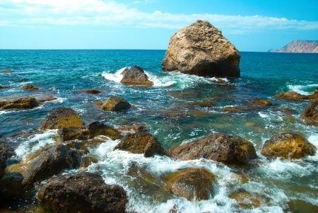 Beautiful sea landscape. Shore, beach and rocksの写真素材