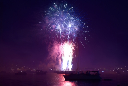 Colorful fireworks on the black sky backgroundの写真素材