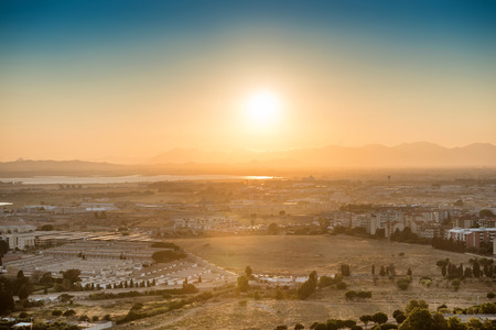 Sunset over european city. Cagliari, Sardinia, Italy.の写真素材