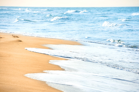 Long beach with sand and sea waterの写真素材