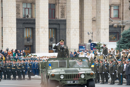 KIEV, UKRAINE - AUGUST 24, 2016: Military parade in Kyiv, dedicated to the Independence Day of Ukraine, 25th anniversary. Minister of Defense of Ukraine Stepan Poltorak takes command of paradeのeditorial素材