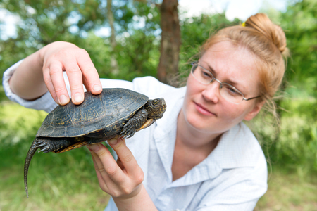 Pretty blond woman in glasses holding a pet turtle in hands over green sunny backgroundの写真素材