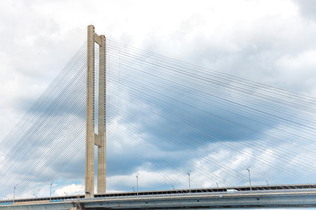 Cable bridge over river. Ukraine, Kiev, Dneprの写真素材