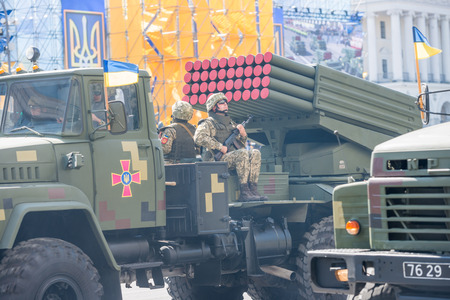 KIEV, UKRAINE - AUGUST 24, 2018: Military parade in Kiev, dedicated to the Independence Day of...