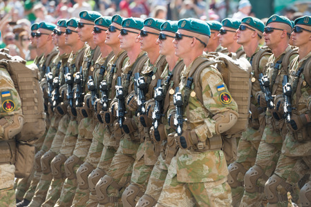 KIEV, UKRAINE - AUGUST 24, 2018: Military parade in Kiev, dedicated to the Independence Day of...