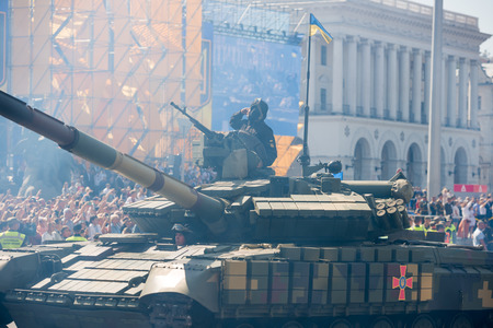 KIEV, UKRAINE - AUGUST 24, 2018: Military parade in Kiev, dedicated to the Independence Day of Ukraine, 27th anniversary. Tanks and other military vehicles on Khreshchatyk streetのeditorial素材