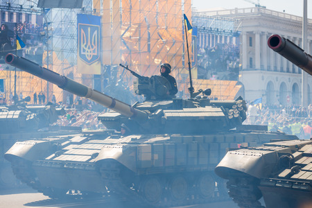 KIEV, UKRAINE - AUGUST 24, 2018: Military parade in Kiev, dedicated to the Independence Day of Ukraine, 27th anniversary. Tanks and other military vehicles on Khreshchatyk streetのeditorial素材