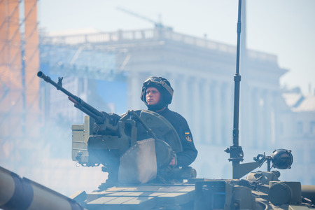 KIEV, UKRAINE - AUGUST 24, 2018: Military parade in Kiev, dedicated to the Independence Day of Ukraine, 27th anniversary. Tanks and other military vehicles on Khreshchatyk streetのeditorial素材
