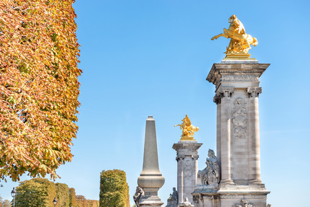 Golden statues on Alexandre III bridge near Les Invalides in Paris, Franceの写真素材