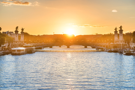 Beautiful sunset with Eiffel Tower and Seine river in Paris, Franceの写真素材