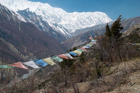 Buddhist praying flags in nepal high mountainsのeditorial素材
