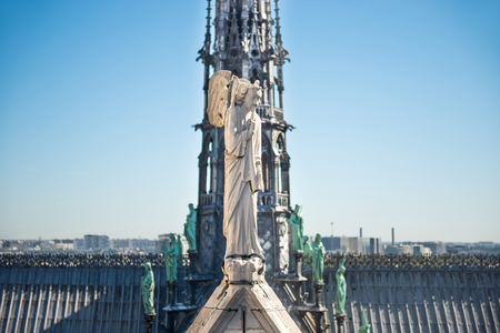 Statues of angel, chimeras and other creatures at roof of Notre-Dame de Paris. Paris, Fanceの写真素材