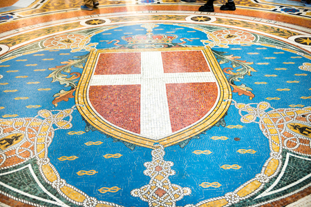 MILAN, ITALY - SEPTEMBER 29, 2018: Floor mosaic at Galleria Vittorio Emanuele II, fashion mall and art gallery in Milan, Italyのeditorial素材