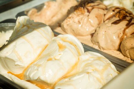 Gelato ice cream with chocolate and vanilla flavor in a store tray