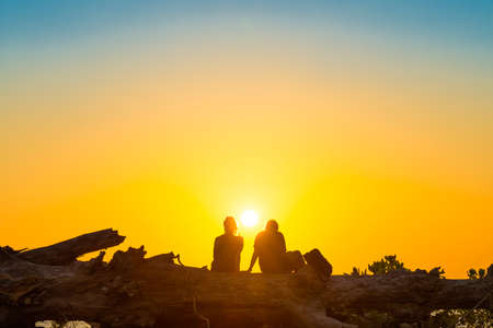 Silhouettes of romantic couple people sitting on tree trunk at tropical beach at sunsetの写真素材