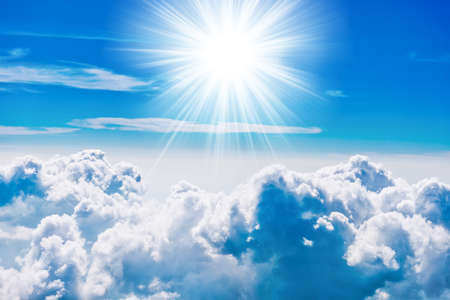 White clouds on blue sky with above aerial view from a plane, nature blue sky background