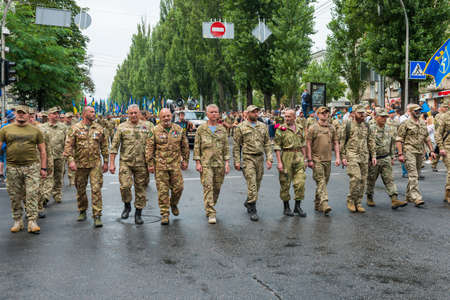 KIEV, UKRAINE - AUGUST 24, 2020: Soldiers and veterans on March of defenders, parade in Kyiv, dedicated to the Independence Day of Ukraine, 29th anniversary.のeditorial素材
