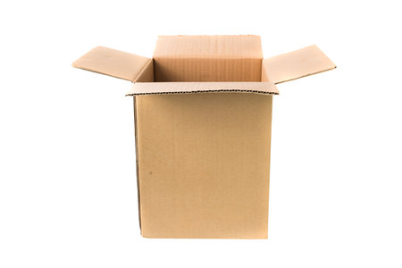 Open cardboard carton box isolated on white backgroundの写真素材