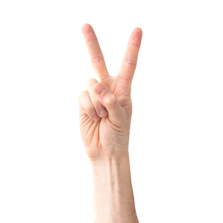 Open hand and victory symbol fingers isolated on white backgroundの写真素材