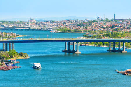 Istanbul city panorama with Halic Metro Bridge or Golden Gate Bridgeの写真素材