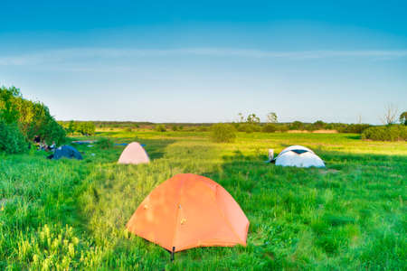 Tent camp camping at sunset on green grass field in forest andの写真素材