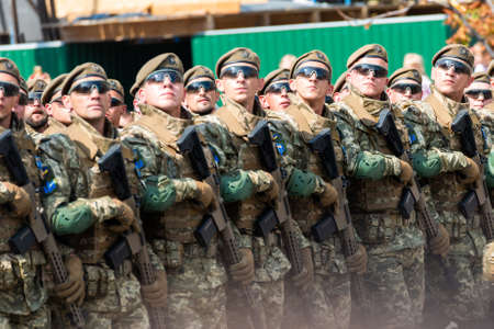 KIEV, UKRAINE - AUGUST 24, 2021: Military parade in Kiev, dedicated to the Independence Day of Ukraine, 30th anniversary. Rows of marching military troops on Khreshchatyk streetのeditorial素材