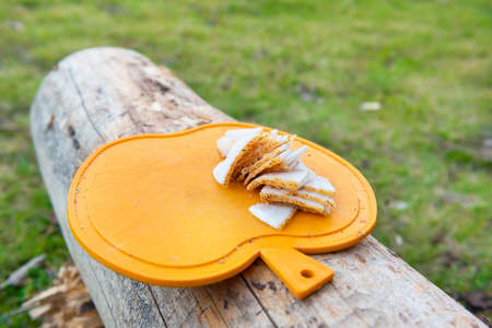 Slices of pig fat on board, cut fat for outdoor picnicの写真素材