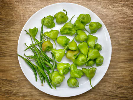 Green chili peppers bell peppers and capsicum chilli on white plateの写真素材