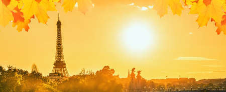 Eiffel Tower and Paris panorama autumn sunset landscape over Seine river in Paris, Franceの写真素材