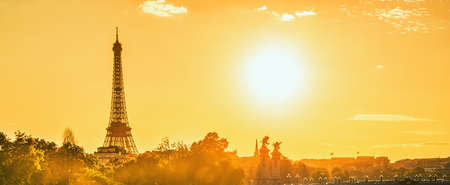 Eiffel Tower and Paris panorama sunset landscape over Seine river in Paris, Franceの写真素材