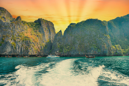 Phi Phi island sunset landscape panorama in Thailand with sea lagoon and sunset mountainsの写真素材
