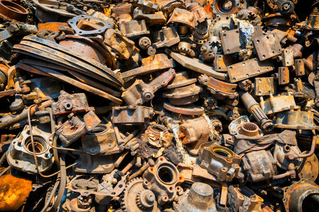 Pile of old rusty metal scrap, used machine spares and car parts can be used as mechanic industrial backgroundの写真素材