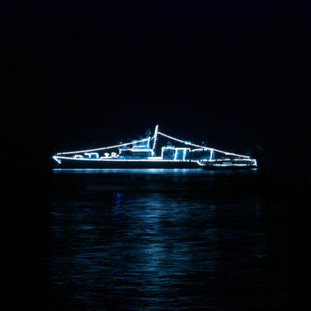 Light ship's silhouette on the black backgroundの写真素材
