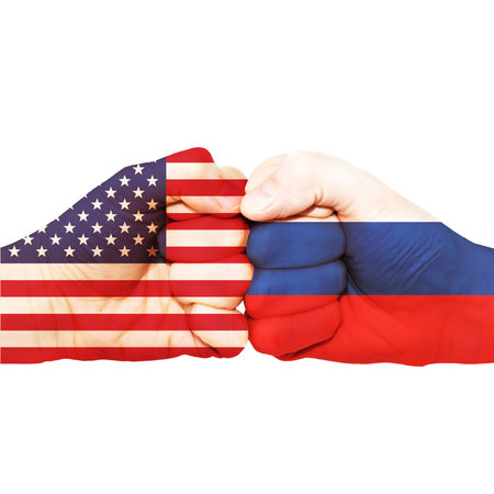 Fist flags USA and Russia fight - Two bumped clenched fists with  USA and Russia flags isolated on white backgroundの写真素材