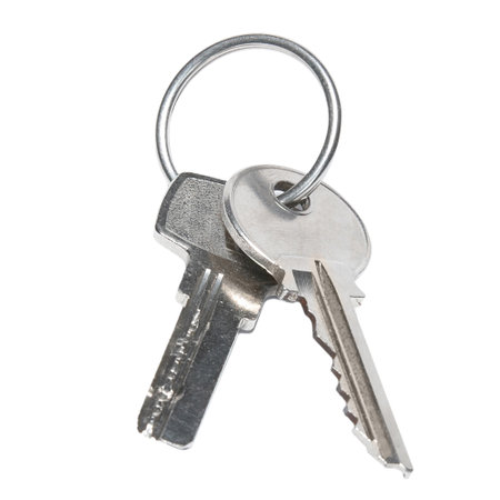 Two silver keys isolated on white backgroundの写真素材