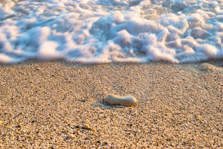 Tropical sand beach landscape with stone and sea wavesの写真素材