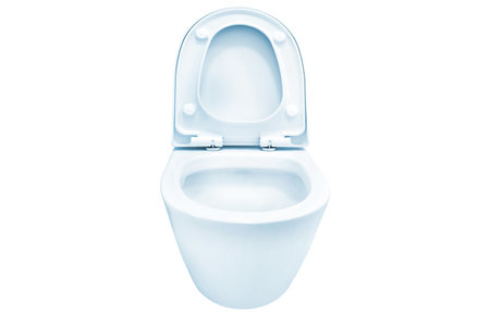 Blue flush toilet with open lid, water closet, ceramic seat isolated on white backgroundの写真素材