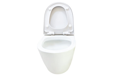 White flush toilet with open lid, water closet, ceramic seat isolated on white backgroundの写真素材