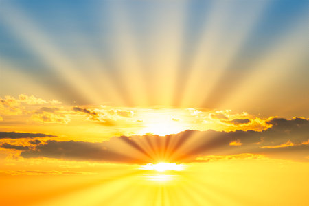 Sunset sky background with sun and sunset cloudsの写真素材