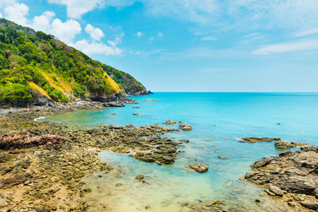 Tropical beach and green mountain in Koh Lanta, Thailandの写真素材