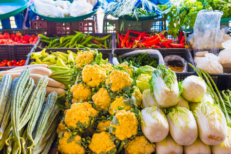 Food market with stall full green cabbages and vegetables. Thailand fresh groceriesの写真素材
