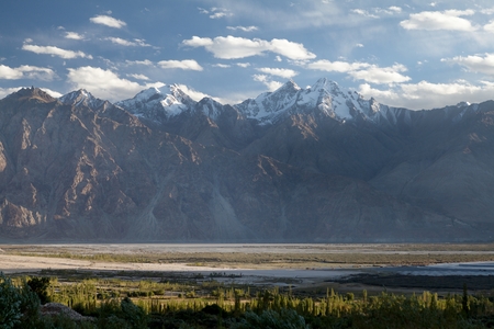 View from buddhist monastery Samstalig Gompa on Himalaya mountains with desert fields and poplar green woods in Nubra valley, Ladakh, Jammu and Kashmir, India.の写真素材