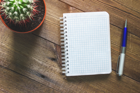Notepad, pen and cactus on dark wooden tableの写真素材